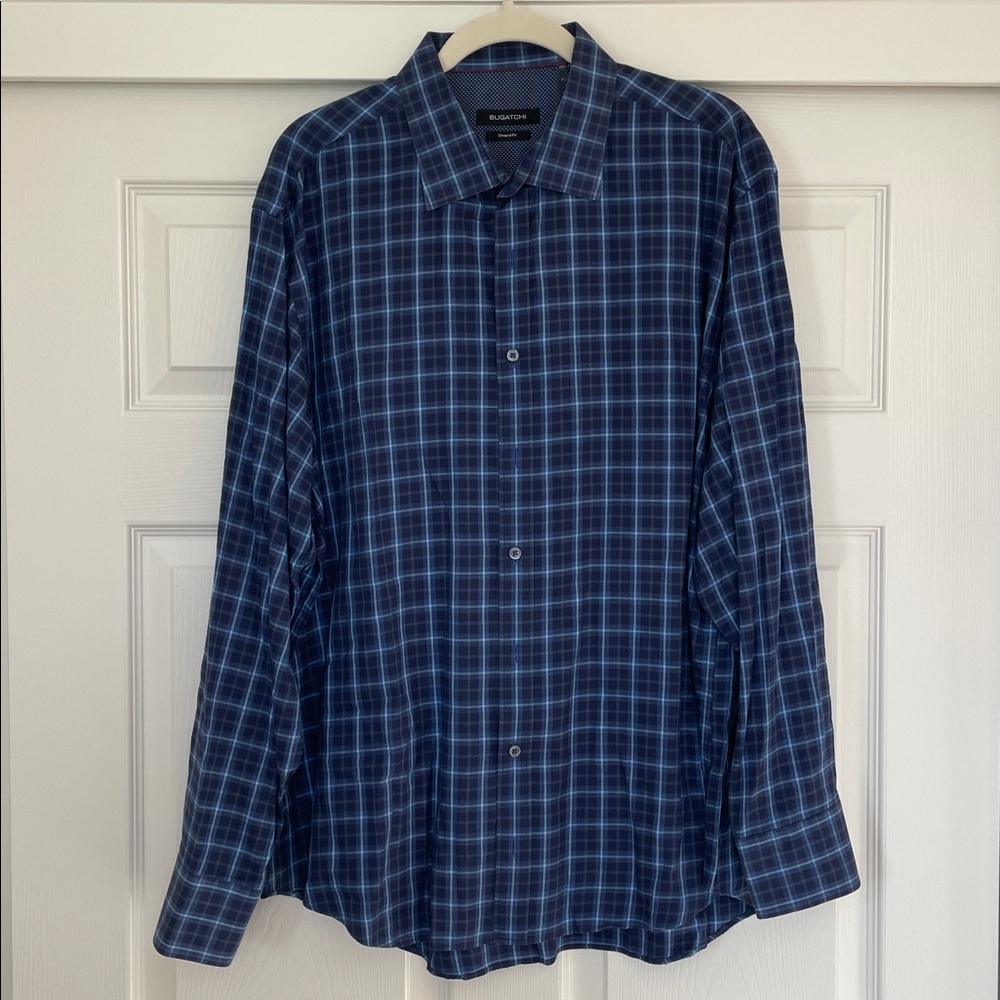 NWOT Bugatchi 100% Cotton Blue Plaid Shaped Fit Dress Shirt Men's XL